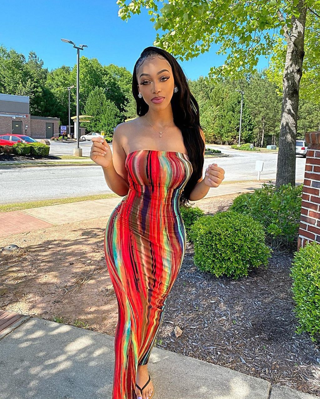 Women Clothing Spring Summer Colorful Tie Dye off Shoulder Tube Top Dress