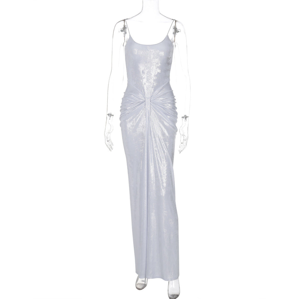 Sexy Adult Lady like Woman Women Clothing Crumpled Twisted Tight Waist Tall Slim Long Sling Dress