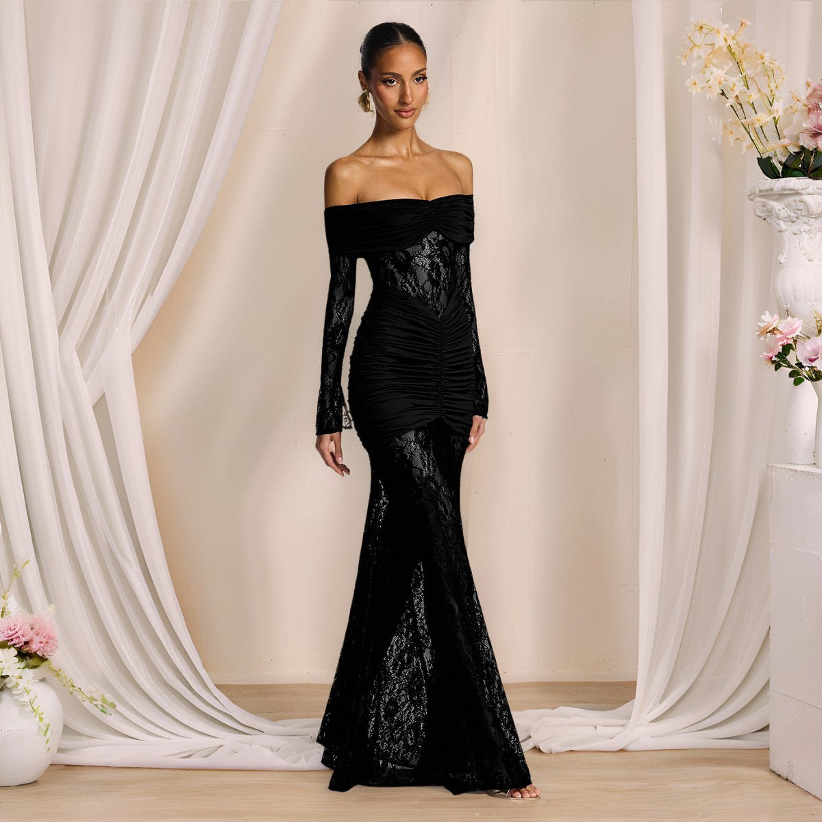 Autumn Elegant Lace Stitching off Shoulder Long Sleeve Narrow Dress Maxi Dress Women Evening Dress