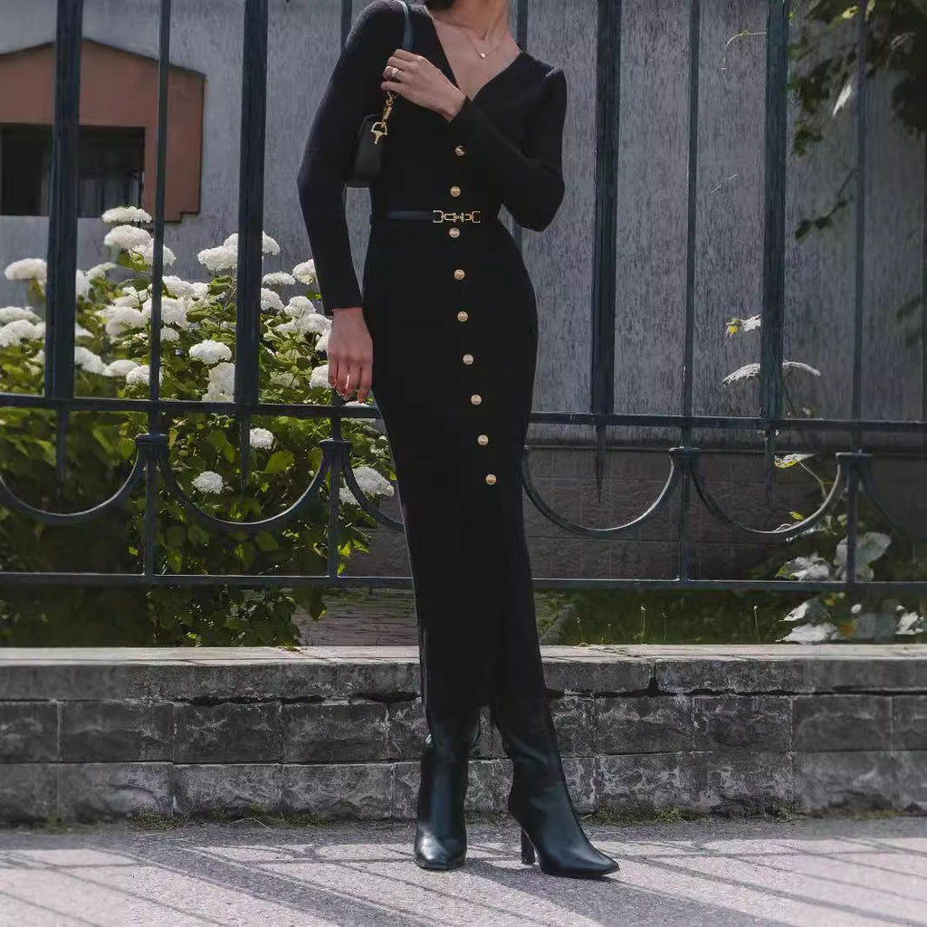 Autumn Winter Long Sleeve Knitted Dress Button Split Russia Hip Wrapped Sweater Cardigan Dress No Belt