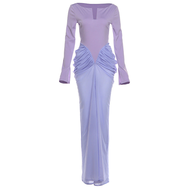 Autumn Winter Women Clothing Colorblock Slim Pleated Long Sleeve Elegant Dress