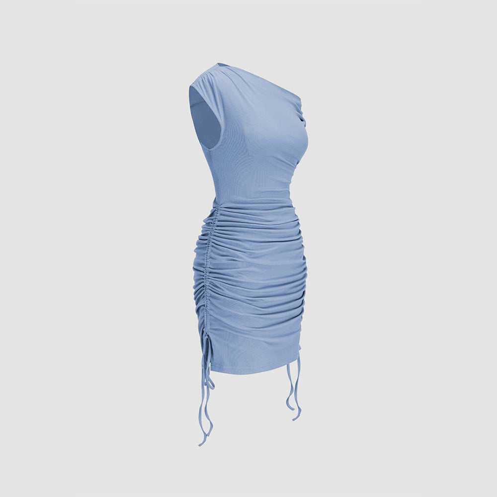 Popular Fashionable Knitted Sleeveless Design Oblique Shoulder Pleated Waist Tight Flab Hiding Hip Dress