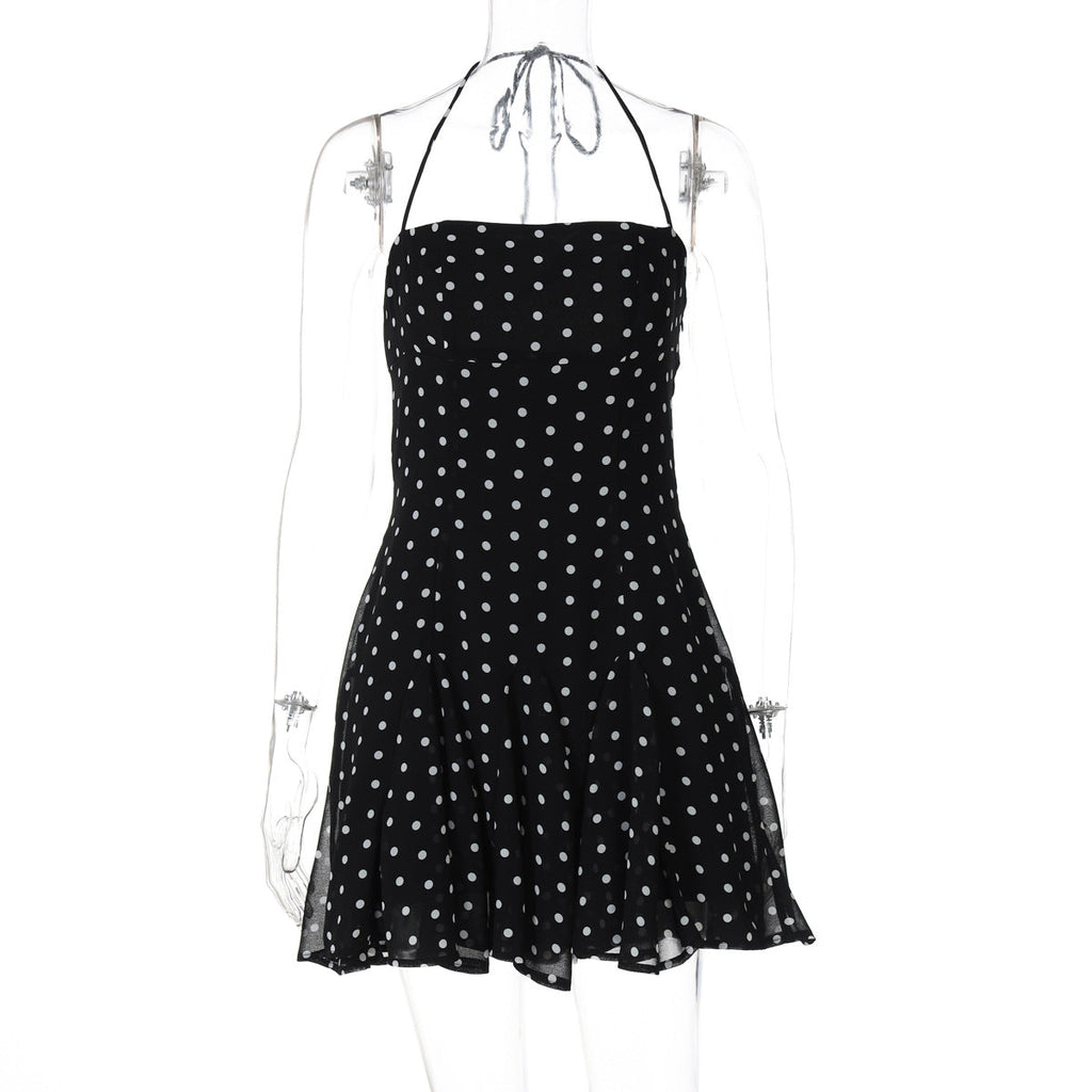 Sweet Little Short Dress Polka Dot Printed Waist Controlled Tube Top Halter Dress