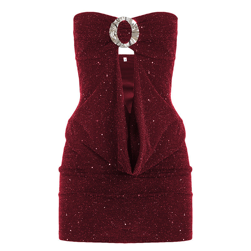 Women Clothing Thin Glittering round Buckle Bow Swing Collar Hollow Out Cutout out Tube Top Dress Party Sexy Hip Dress