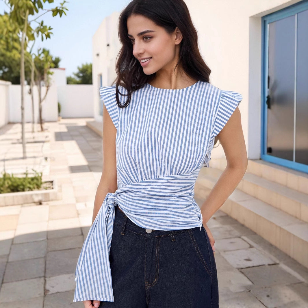 Elegant Chic Striped round Neck Sleeveless Waist Slim Fit Short Temperamental Women Top