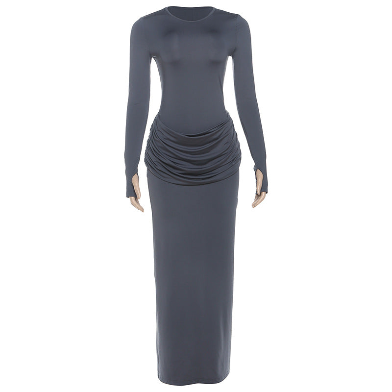 Women Clothing Autumn Winter Slim round Neck Solid Color Fold Split Long Sleeve Elegant Dress for Women