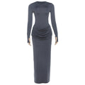 Women Clothing Autumn Winter Slim round Neck Solid Color Fold Split Long Sleeve Elegant Dress for Women
