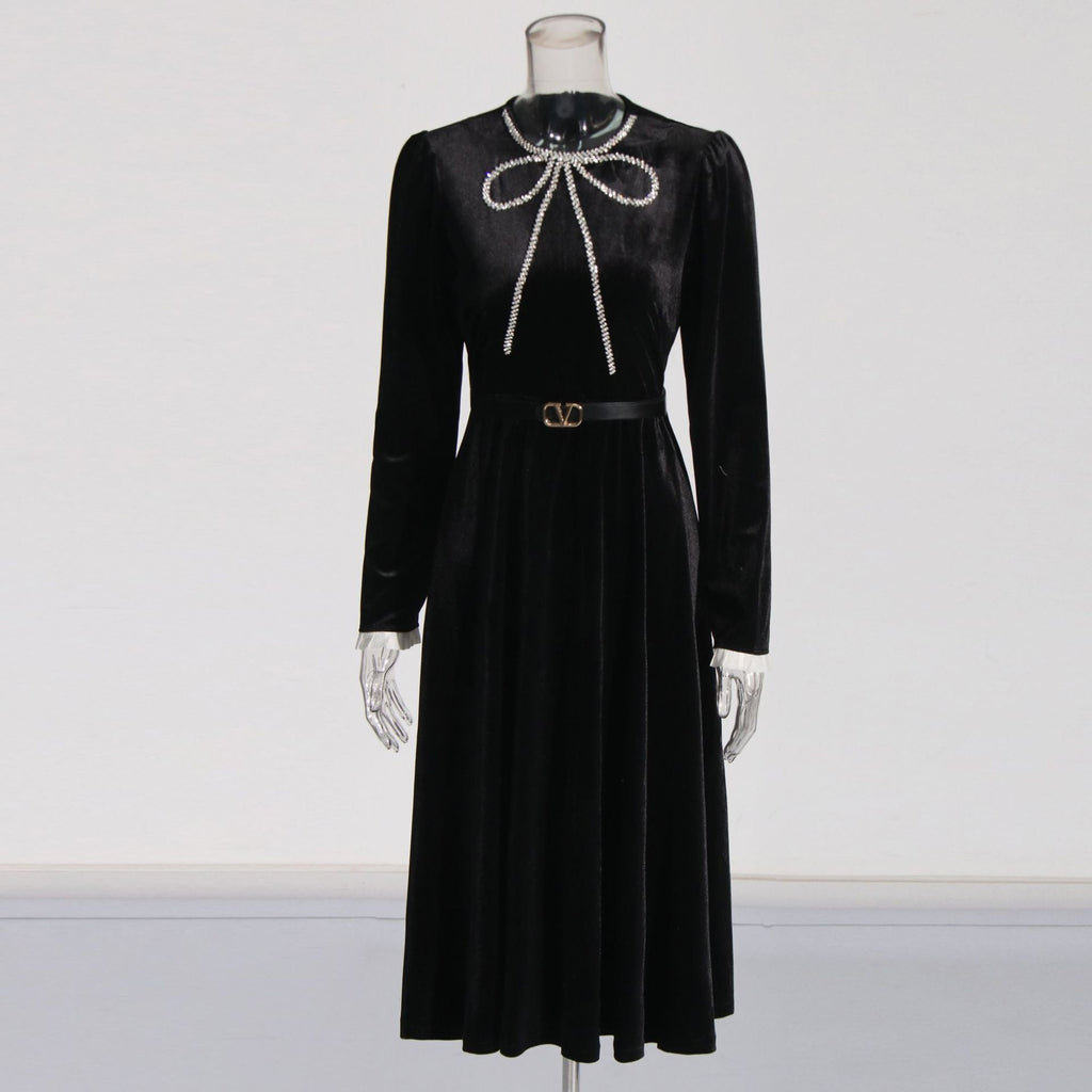 Elegant Light Luxury Cocktail Dress Autumn Diamond Bow High Waist Slim Dress Women