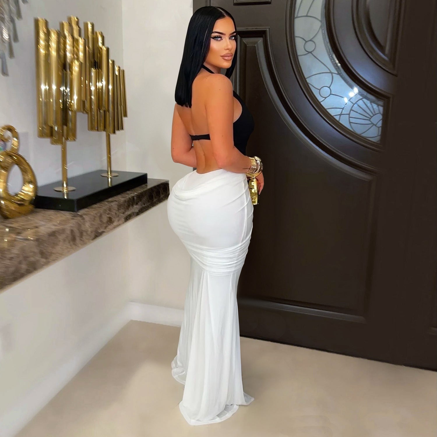 Women Wear Sexy V Neck Arm Covering Split Backless Dress