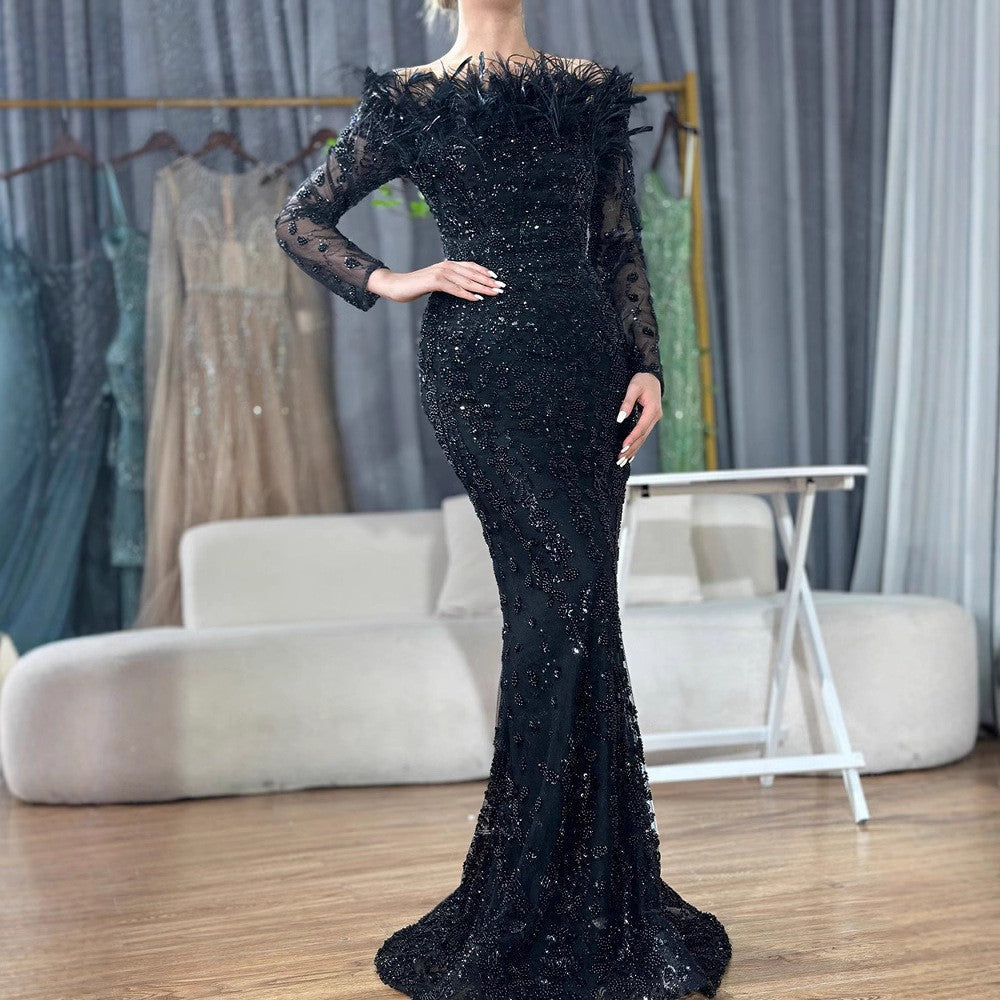 Black off Shoulder Feather Fishtail Gown Entry Lux Elegant Ladies Cocktail Host Evening Dress