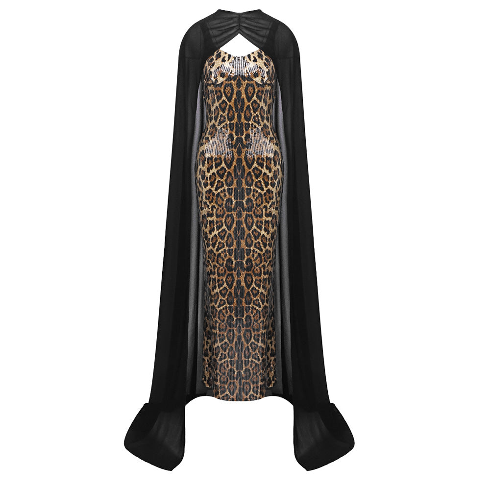Elegant Sexy Leopard Print Sequin Cami Dress Dress Black Chiffon Cloak Two Piece Maxi Dress