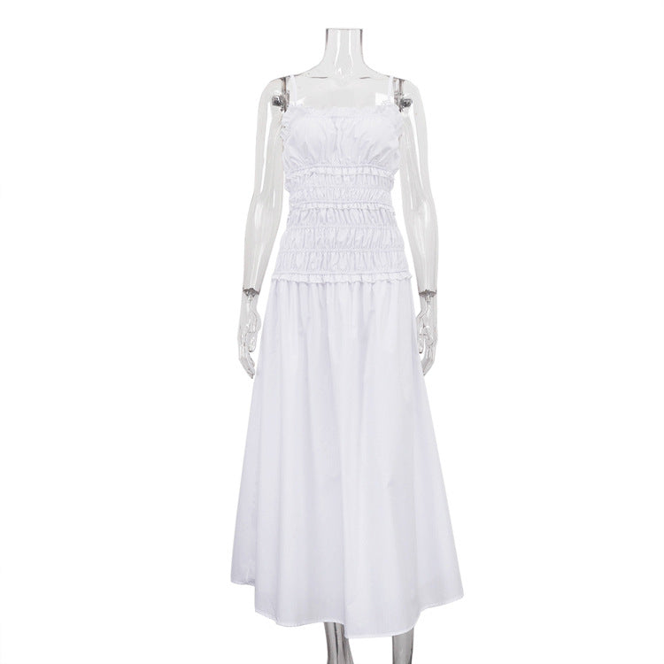 Women Clothing Pleated High Waist Cami Dress off Neck Sleeveless Sexy Dress