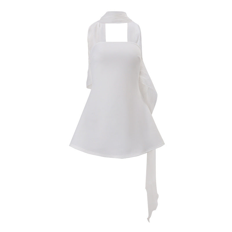 Women Clothing Autumn French Sexy Wind Ribbon Tube Top Solid Color Dress for Women