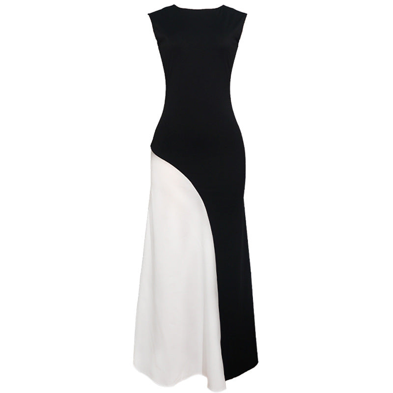 Cross Street round Neck Sleeveless Cinched Patchwork Black White Contrast Color High Waist Dress