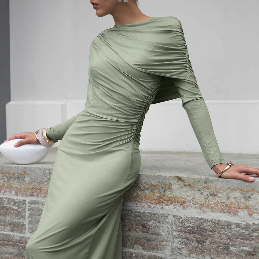 Fall Winter Elegant Long Sleeve Solid Color Knitted Slim Fit Maxi Dress Office Irregular Asymmetric Collar Dress for Women
