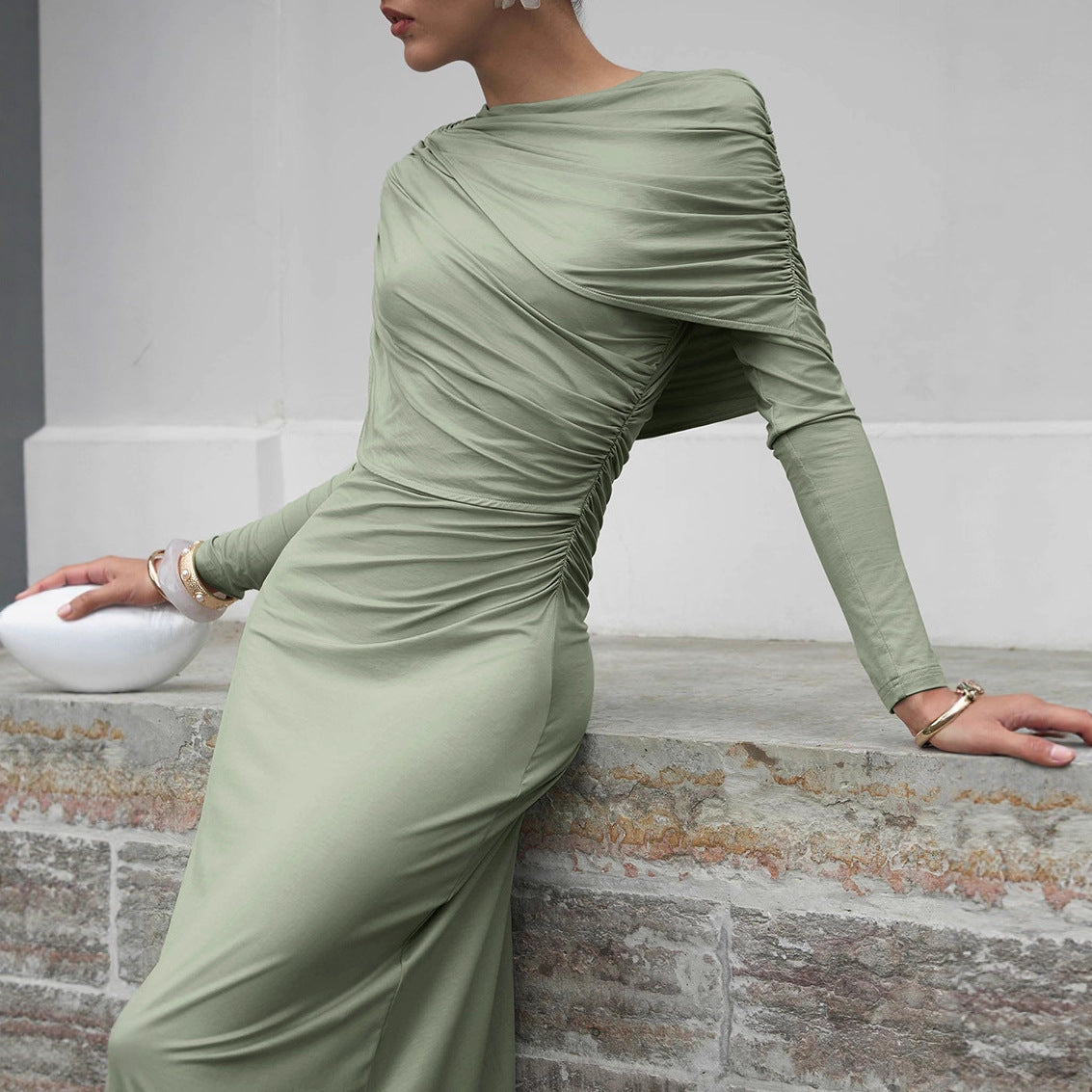 Fall Winter Elegant Long Sleeve Solid Color Knitted Slim Fit Maxi Dress Office Irregular Asymmetric Collar Dress for Women