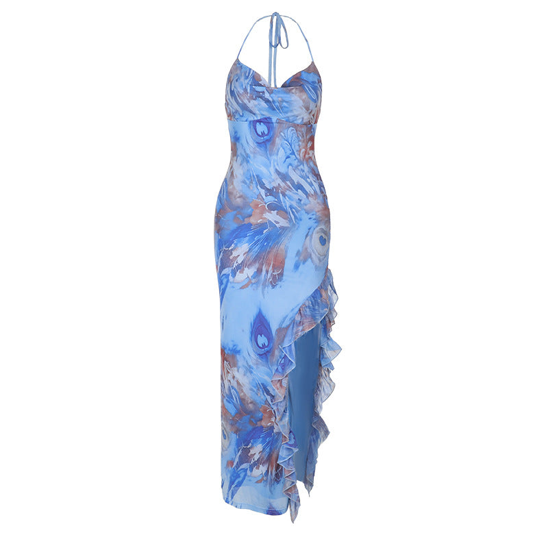 Pocket Collar Print Holiday Dress Spring Summer Sleeveless Split Maxi Dress