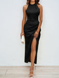 Summer Sexy Adult Lady like Woman Halter Split Backless Solid Color Dress with Lining