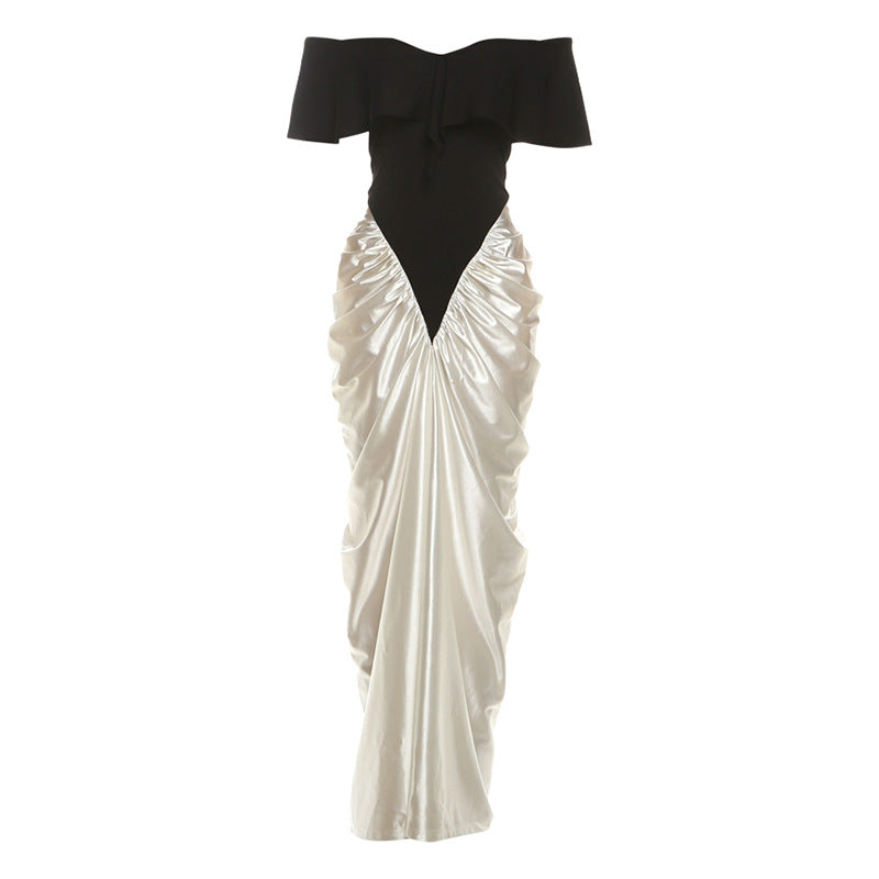 Autumn Winter Women Clothing Elegant Sexy Strapless Waist Ruffle Hip Contrasting Color Dress
