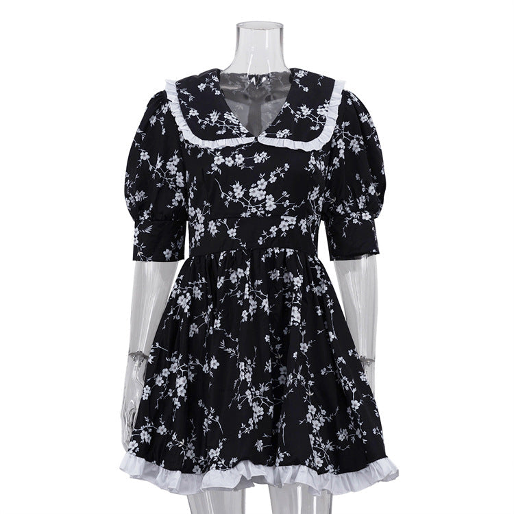 Women Digital Printed Peter Pan Collar Puff Sleeve High Waist Contrast Color A line Dress