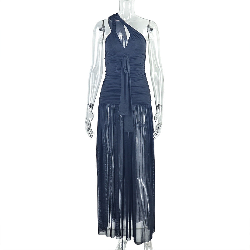 Women Clothing Solid Color Sheath Asymmetric Dress Diagonal Collar Backless Slim Fit Maxi Dress