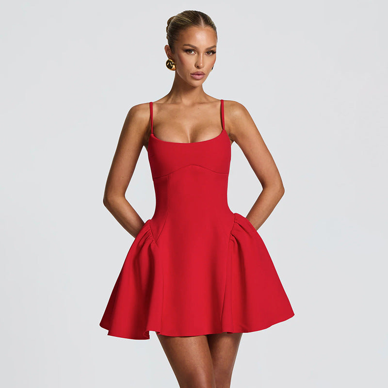 Autumn Winter Ballet Solid Color Camisole Backless a Swing Little Dress