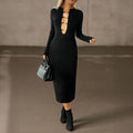 Women Clothing Autumn Solid Color Long Sleeved Hip Dress