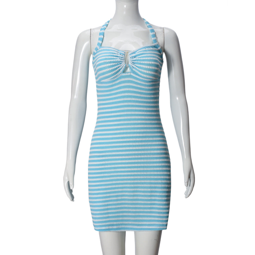 Sexy Slim Fit Halter Stripes Women Clothing Contrast Color Sheath