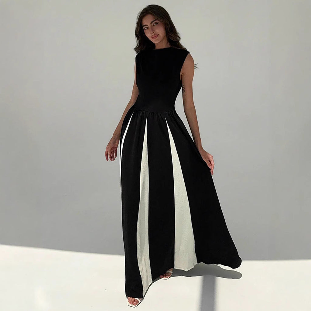 Elegant round Neck Sleeveless Waist Color Contrast Patchwork Dress Evening Dress Women Dress