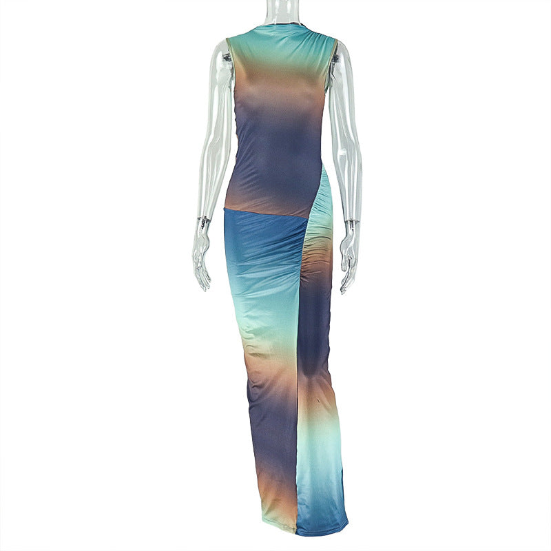 Sexy Slim Fit Fashionable Gradient Color Matching Hip Dress High Collar Sleeveless Pleated Maxi Dress Women Clothing