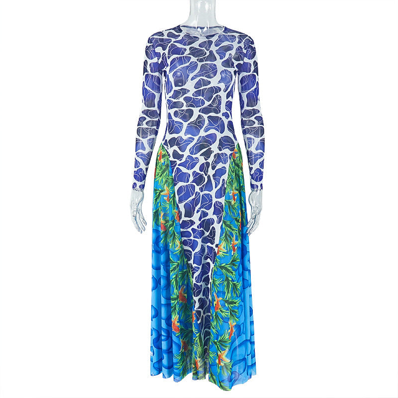 Printing Special Women Clothing Slightly Transparent Waist Slimming Hip Dress High Collar Long Sleeve Office Length Dress