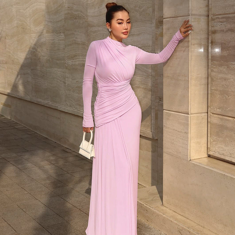 Women Clothing Summer Elegant Slim Pleated Zipper round Neck Long Sleeved Dress