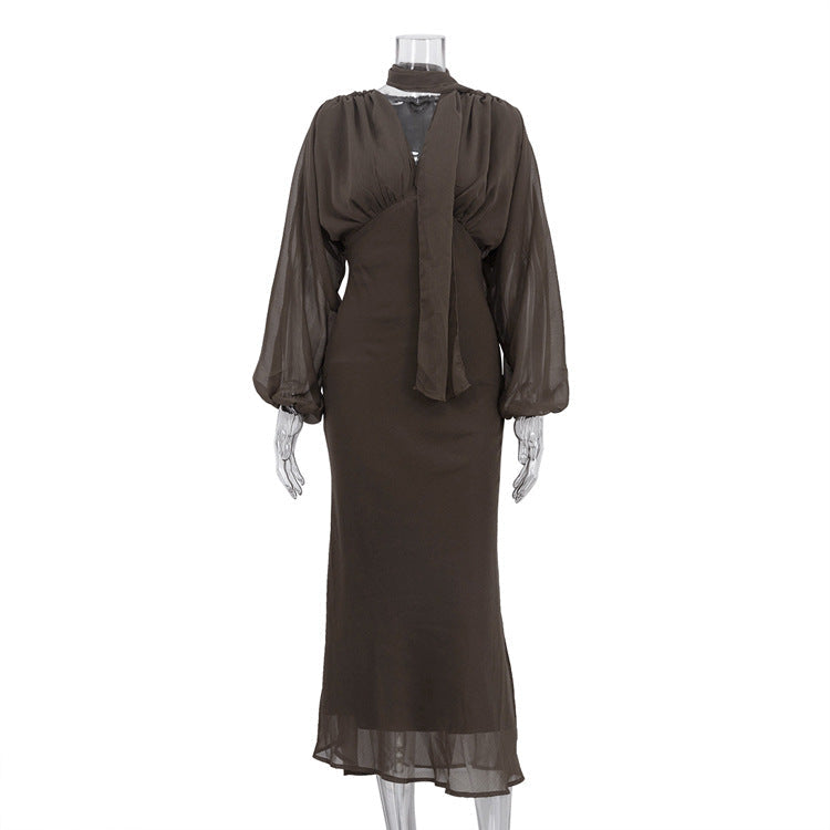 Elegant Women Clothing Autumn Design Pleated Dress Fashionable Scarf V neck Long Sleeve Narrow Maxi Dress