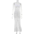 Women Solid Color Lace Sexy Backless Spaghetti Straps Dress Slit Trailing Maxi Dress Gown