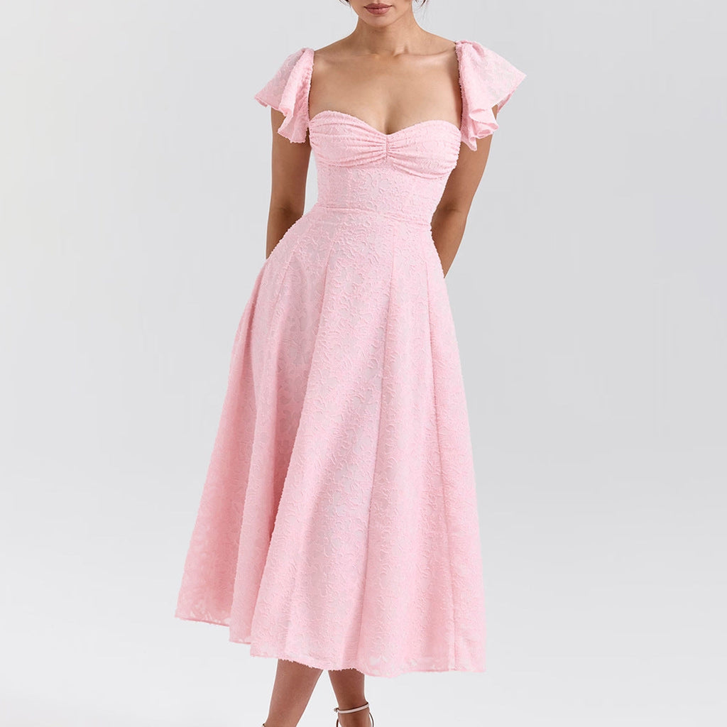 Women Wear Pink Sexy Square Neck Fitted Waist Backless Mid Length Dress French Dress