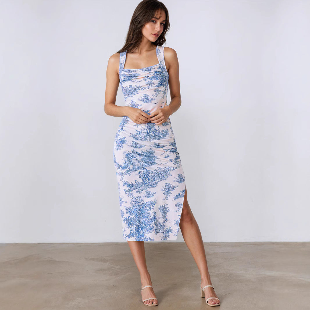 Summer Fresh Maxi Dress Square Collar Slimming Side Slit Sling Dress