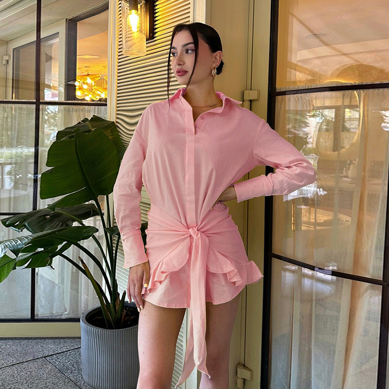 Full Support Ruffled Lace up Casual Elegant Solid Color Long Sleeve Shirt Dress