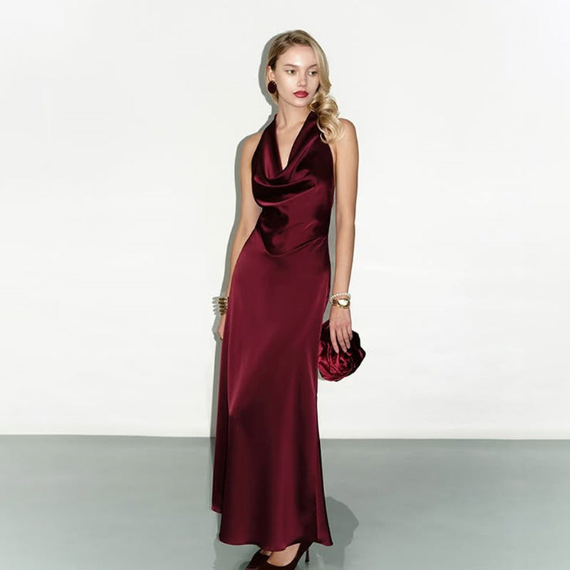 Low Cut Halter Swing Collar Sexy Backless Wine Red Slim Fit Graceful Satin Dress