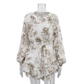 Autumn Cotton Champray Printed Casual Dress Women round Neck Long Sleeve Ruffles A line Dress
