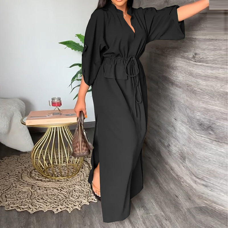 Autumn Women Clothing Casual Stand Collar Split Dress Solid Color Dress