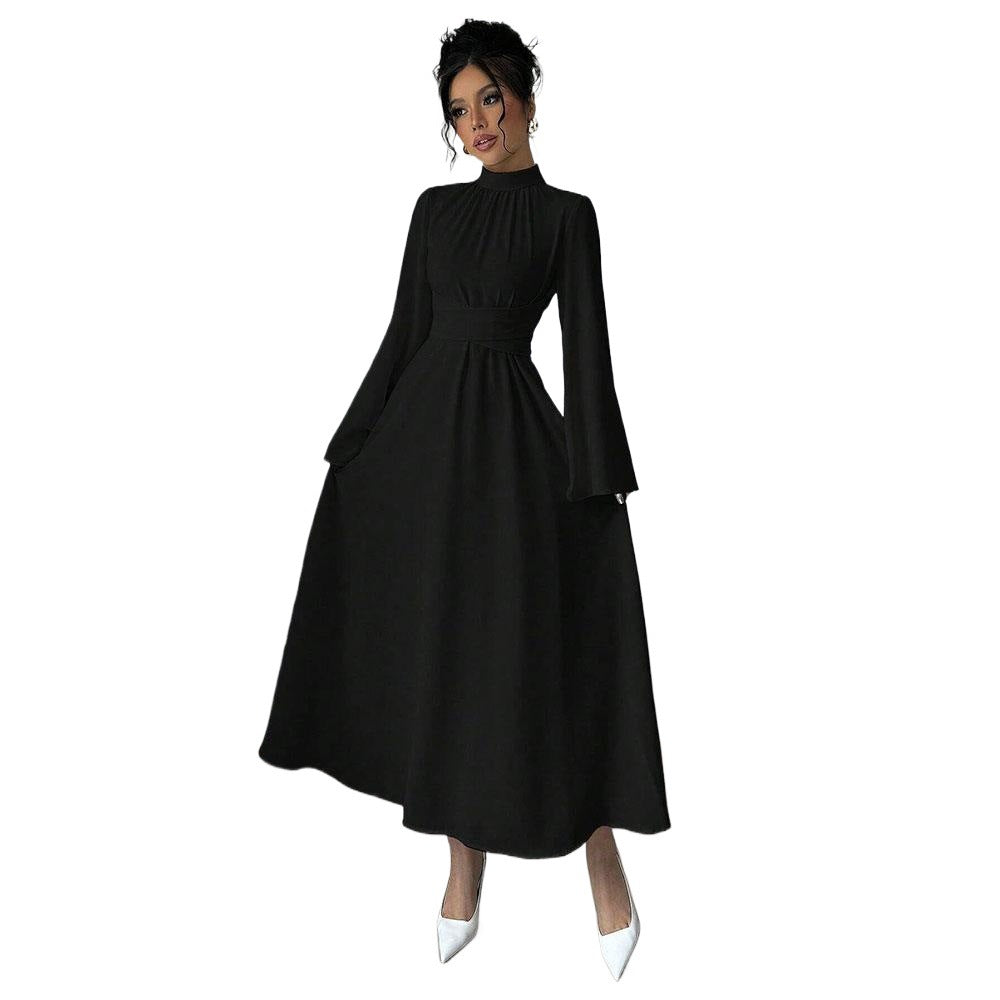 Black Stand up Collar Waist Maxi Dress Women Autumn Winter Long Sleeve Retro Large Bell Sleeve Solid Color Dress