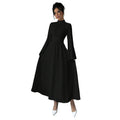 Black Stand up Collar Waist Maxi Dress Women Autumn Winter Long Sleeve Retro Large Bell Sleeve Solid Color Dress