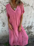 Cotton Linen V neck Semi Formal Dress