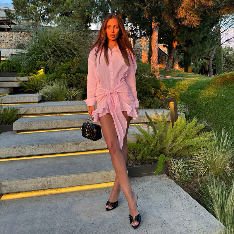Full Support Ruffled Lace up Casual Elegant Solid Color Long Sleeve Shirt Dress