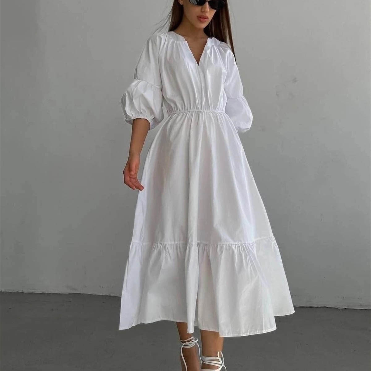 V neck Dress Office High Waist French Half Sleeve A line Dress Women Casual Dress Summer