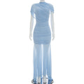 Women Clothing Summer Solid Color Mesh Stitching Short Sleeve Pleated Trailing Slim Fit Maxi Dress