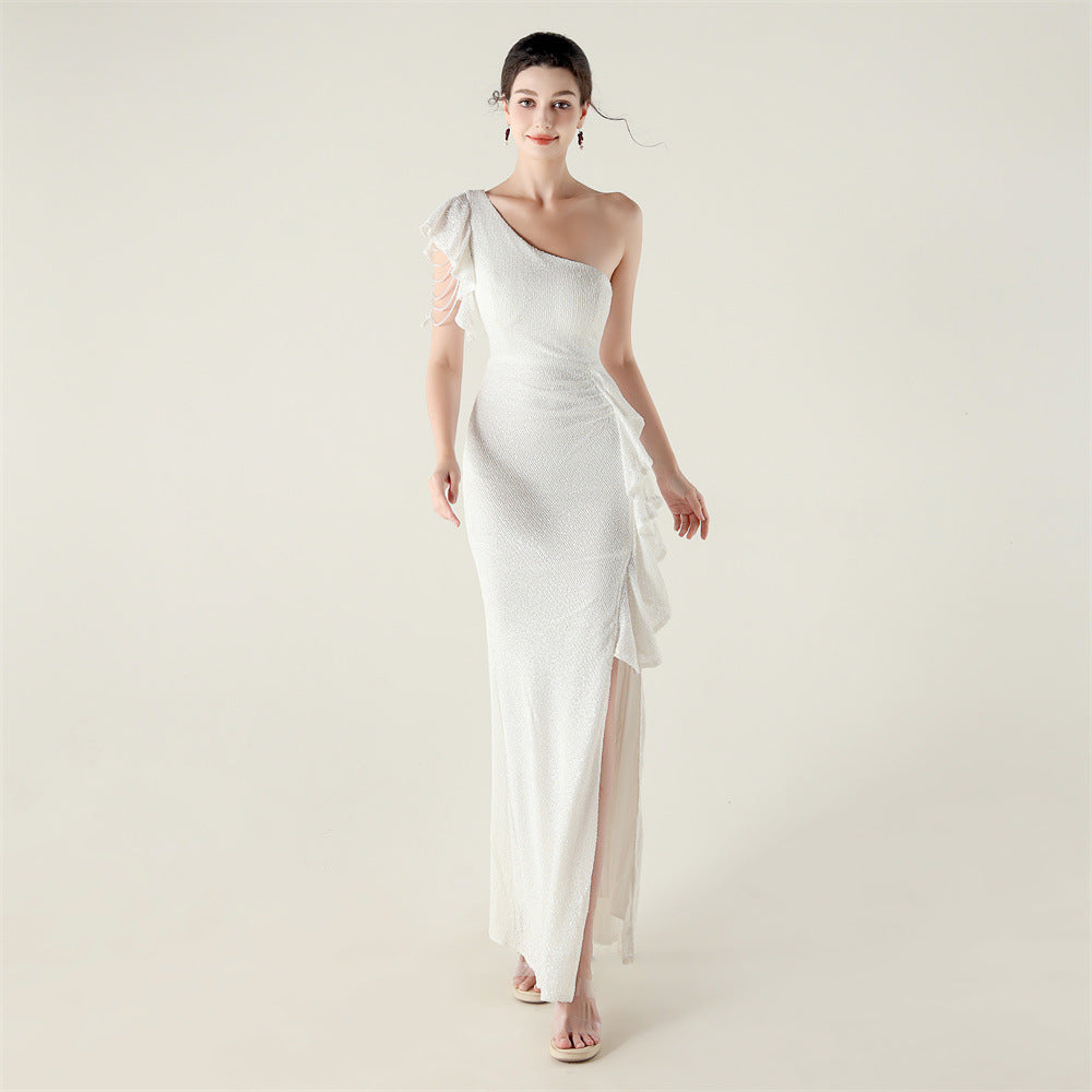 One Shoulder Ruffles Embellished Beaded Chain Handmade Sequined Evening Dress Cocktail Party Wedding