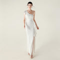 One Shoulder Ruffles Embellished Beaded Chain Handmade Sequined Evening Dress Cocktail Party Wedding