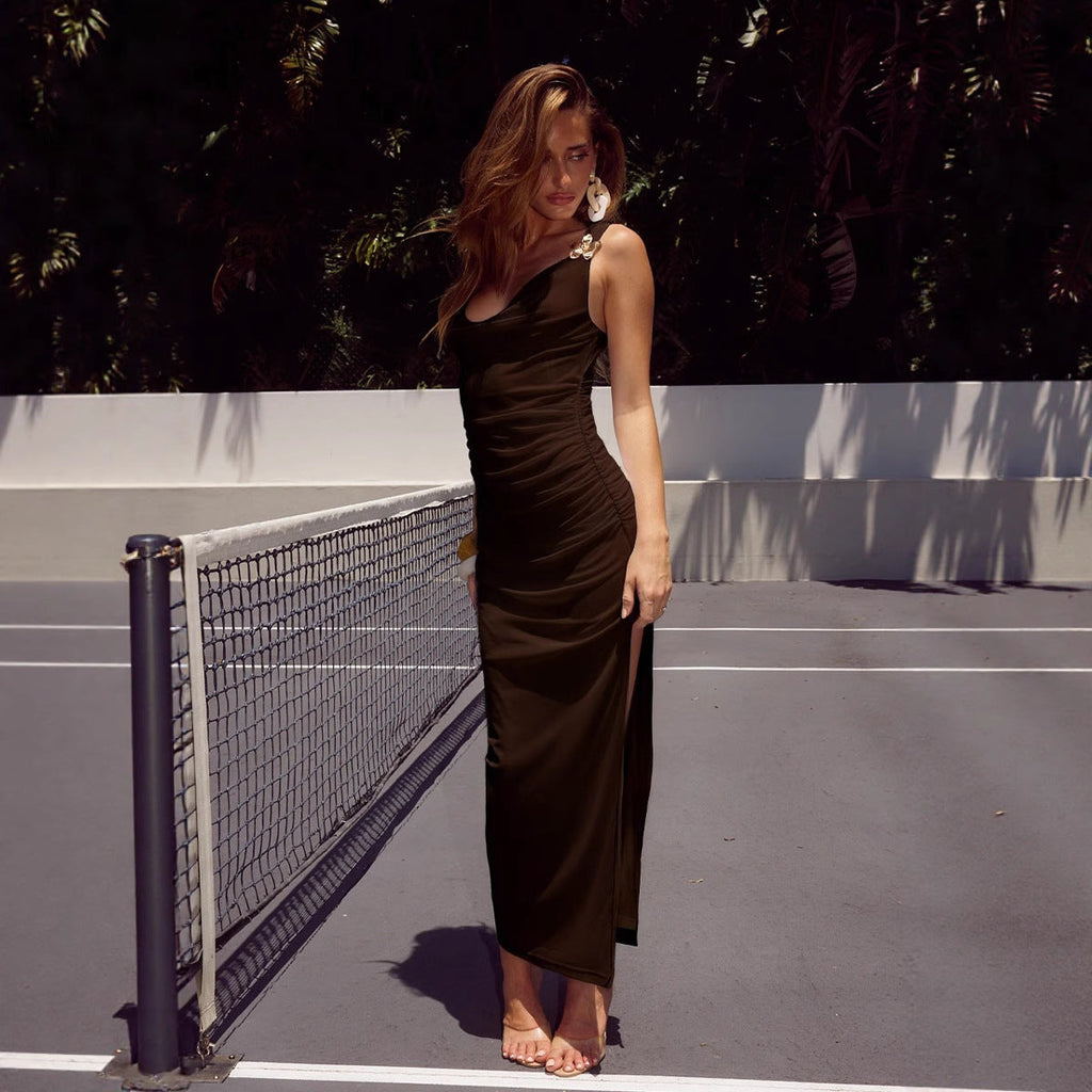 Fashionable All Match Sling Swing Collar Pleating Sheath High Waist Slit Sleeveless Maxi Dress