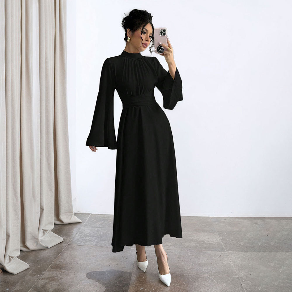 Black Stand up Collar Waist Maxi Dress Women Autumn Winter Long Sleeve Retro Large Bell Sleeve Solid Color Dress
